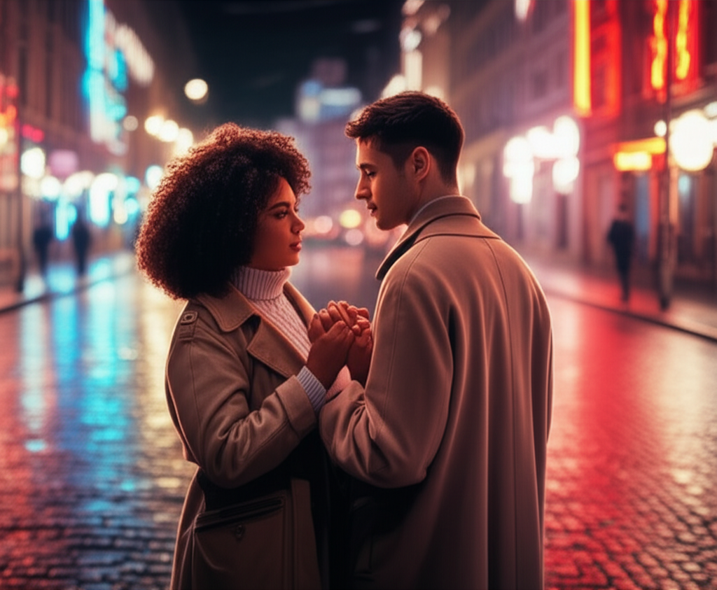 Couple in city at night